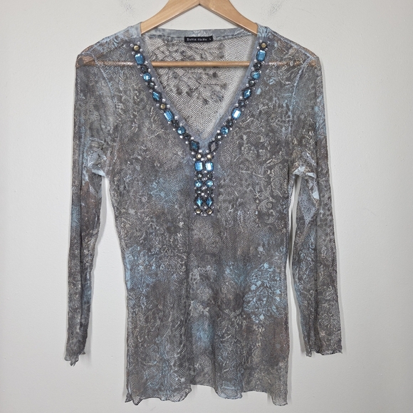 Vtg Y2K David Cline Mesh Fishnet Floral Burnout Embellished Top Grunge Fairy Lrg - Picture 2 of 9